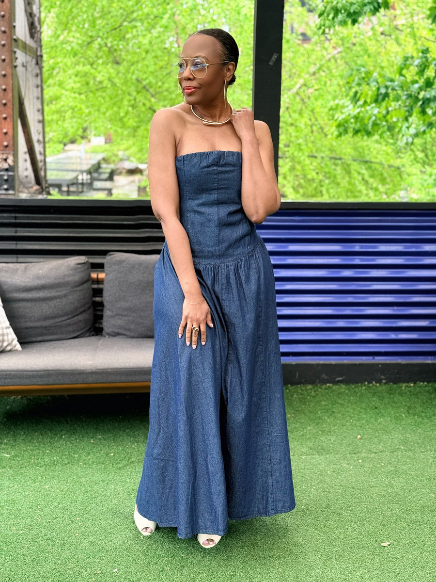 denim tube midi dress Girl Model is 5`8 And type_women Strapless dress Madison Club Sustainable Dress Hire Period:4 Days